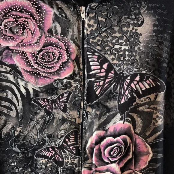 Essentials Sz 4X hoodie zip front Y2K graphic roses Butterflies crystals black - Picture 7 of 14